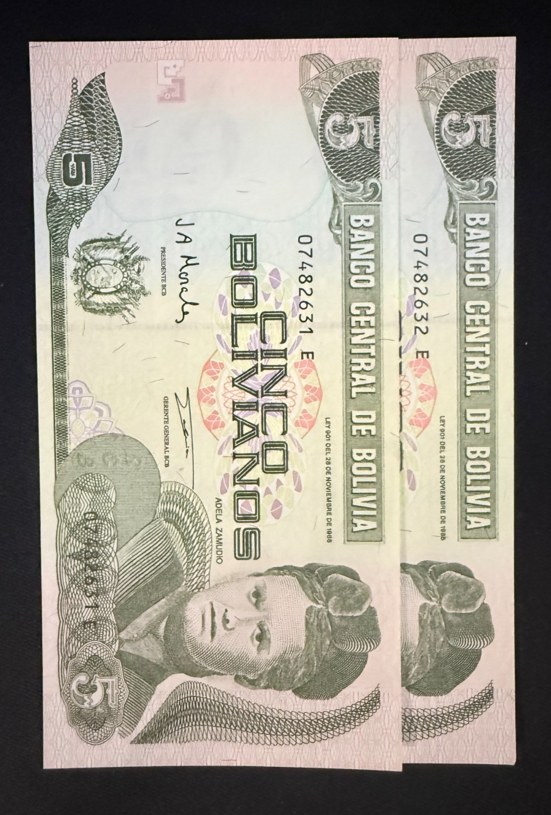 RARE BOLIVIA  P217 5 BOLIVIANOS  ND 1995  UNC GEM 2PC Consecutive Notes