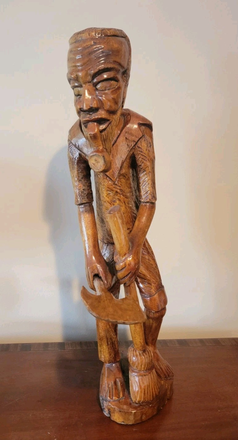 Vintage Hand Carved Wood Folk Art Sculpture Man with Shovel & Broom Large 23
