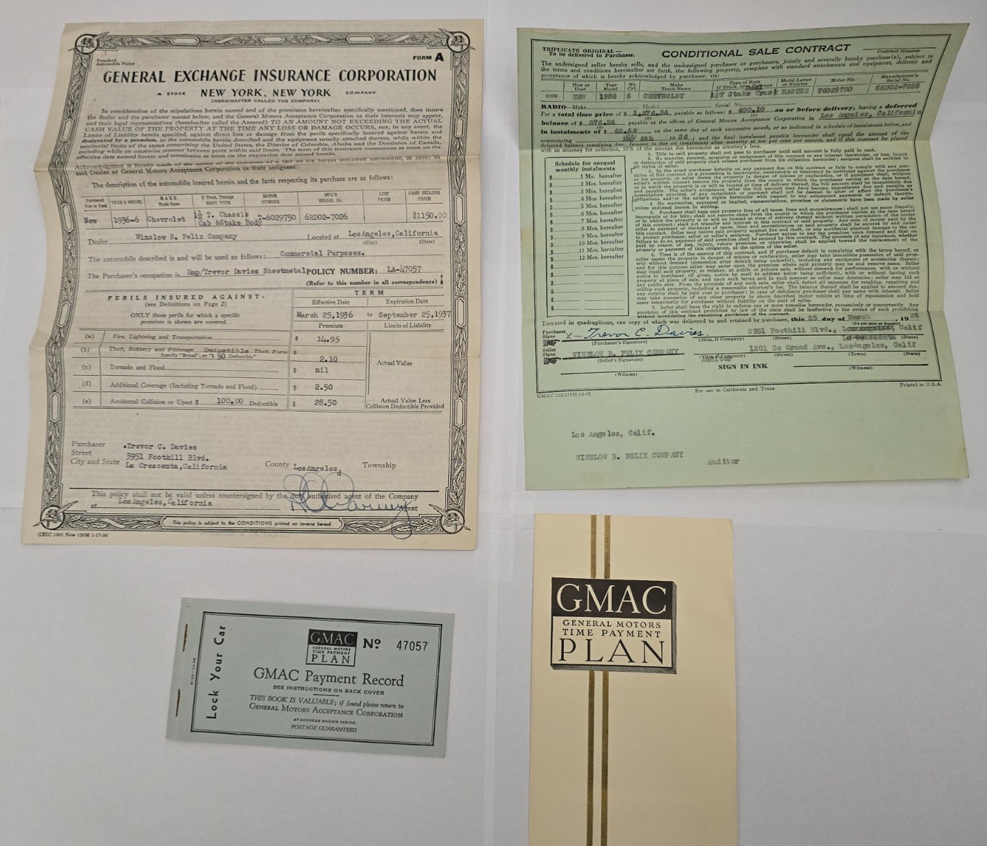 Vintage 1936 GMAC Chevrolet Automobile Car Finance Document Set Los Angeles CA