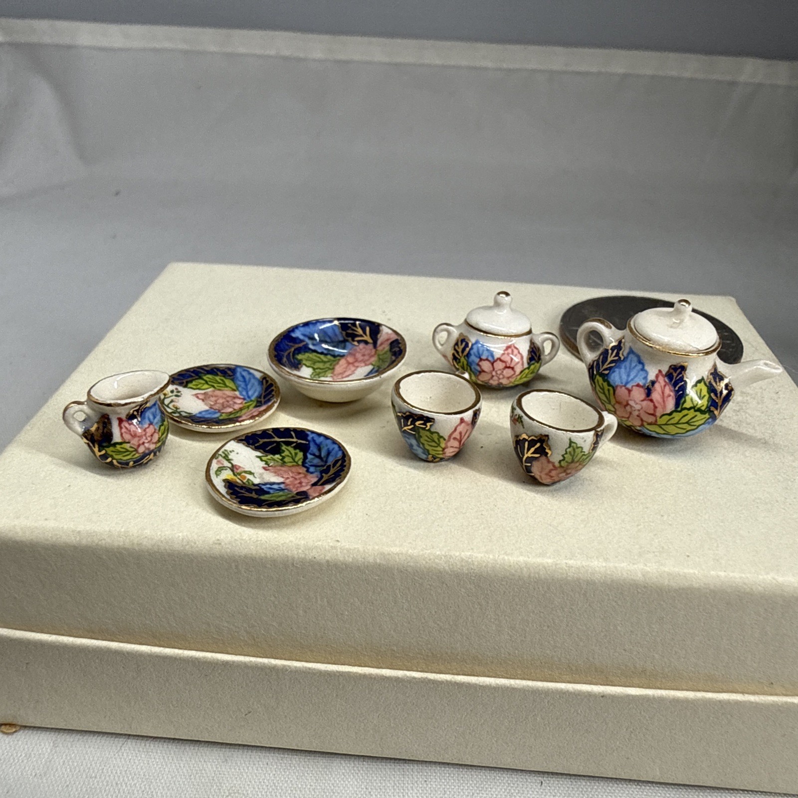 Vintage 1981 Signed Artisan Miniature Porcelain Tea Set Hand Painted Gold 1:12