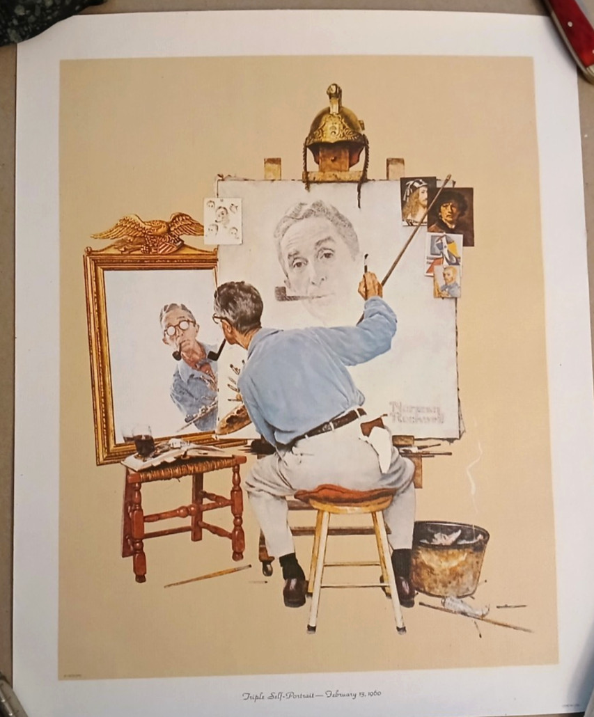 Norman Rockwell TRIPLE SELF PORTRAIT on Canvas 1972 CURTIS PUBLISHING LITHO Norman Rockwell TRIPLE SELF PORTRAIT on Canvas 1972 CURTIS PUBLISHING LITHO