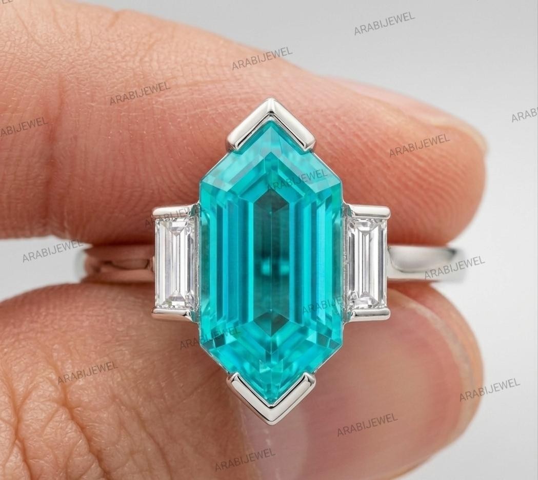 Hexagon Cut Paraiba Tourmaline Ring 925 Sterling Silver Engagement Ring.