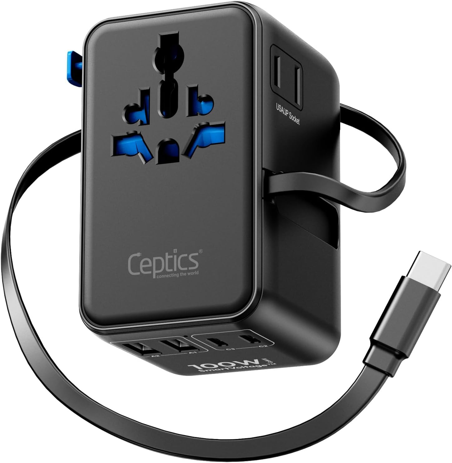 Ceptics Universal Travel Adapter, GAN 100W, 4 USB Ports & 2 Input Sockets