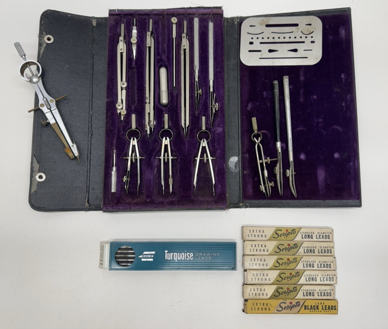 Vintage F. & B. Mechanical Drafting & Drawing Instrument Tool Set Case & Leads