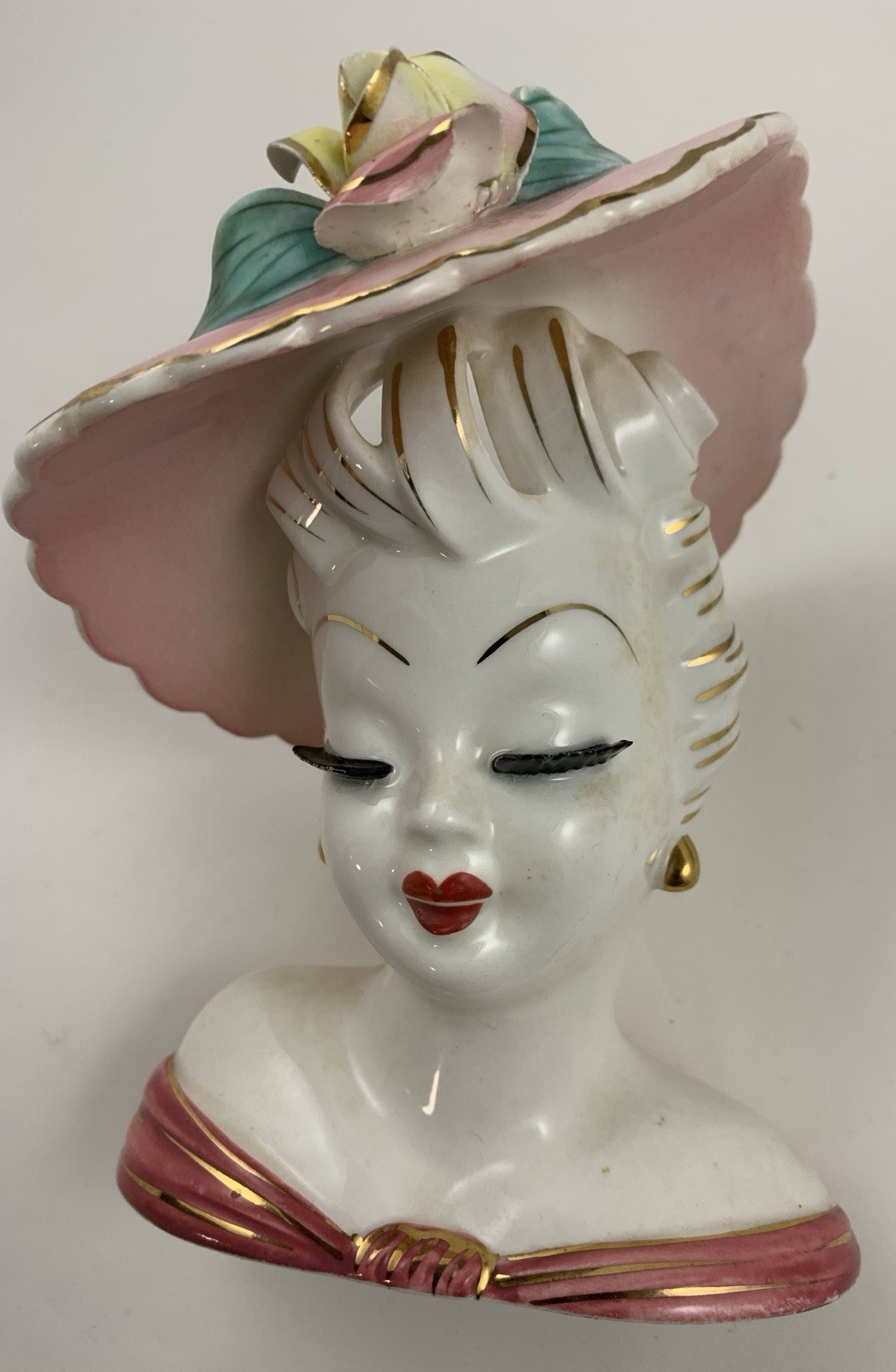 Vintage Glamour Girl Lady Head Vase Pink Hat Yellow Rose Japan Figurine 6.25\