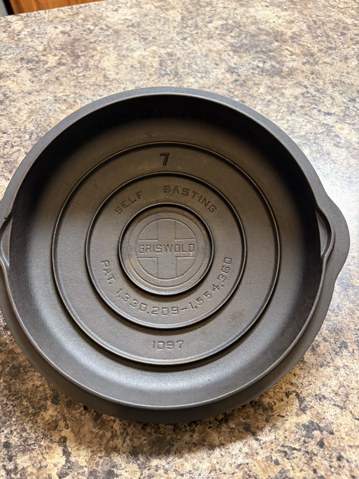 Vintage Griswold #7 1097 Self Basting Skillet Cover High Dome RESTORED sits flat Vintage Griswold #7 1097 Self Basting Skillet Cover High Dome RESTORED sits flat
