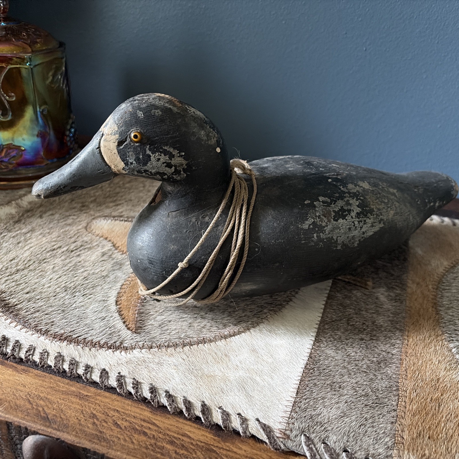 ANITQUE WOODEN BLACK DUCK DECOY GLASS EYES c~1900 Hand Carved ANITQUE WOODEN BLACK DUCK DECOY GLASS EYES c~1900 Hand Carved