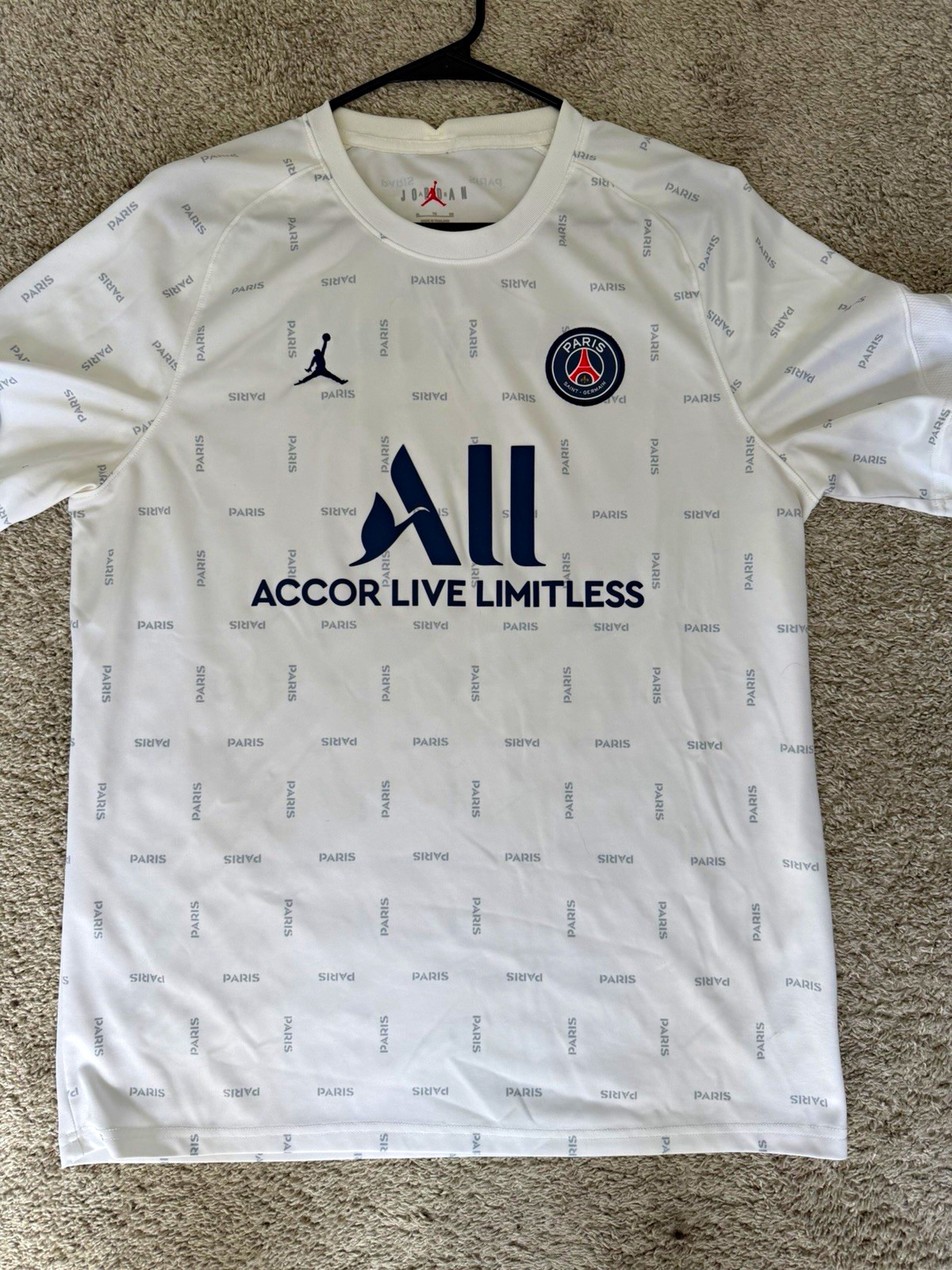 Jordan Paris Saint-Germain PSG White Short Sleeve Soccer Jersey L Polyester
