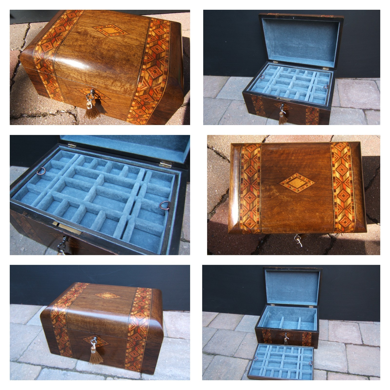19c ANTIQUE  FIGURED WALNUT JEWELLERY BOX -RING- NECKLACE-WATCH