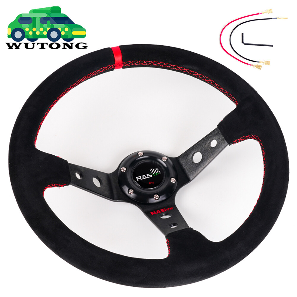 BLACK 345mm/14inch Deep Dish Suede Leather Red Ring Sport Racing Steering Wheel