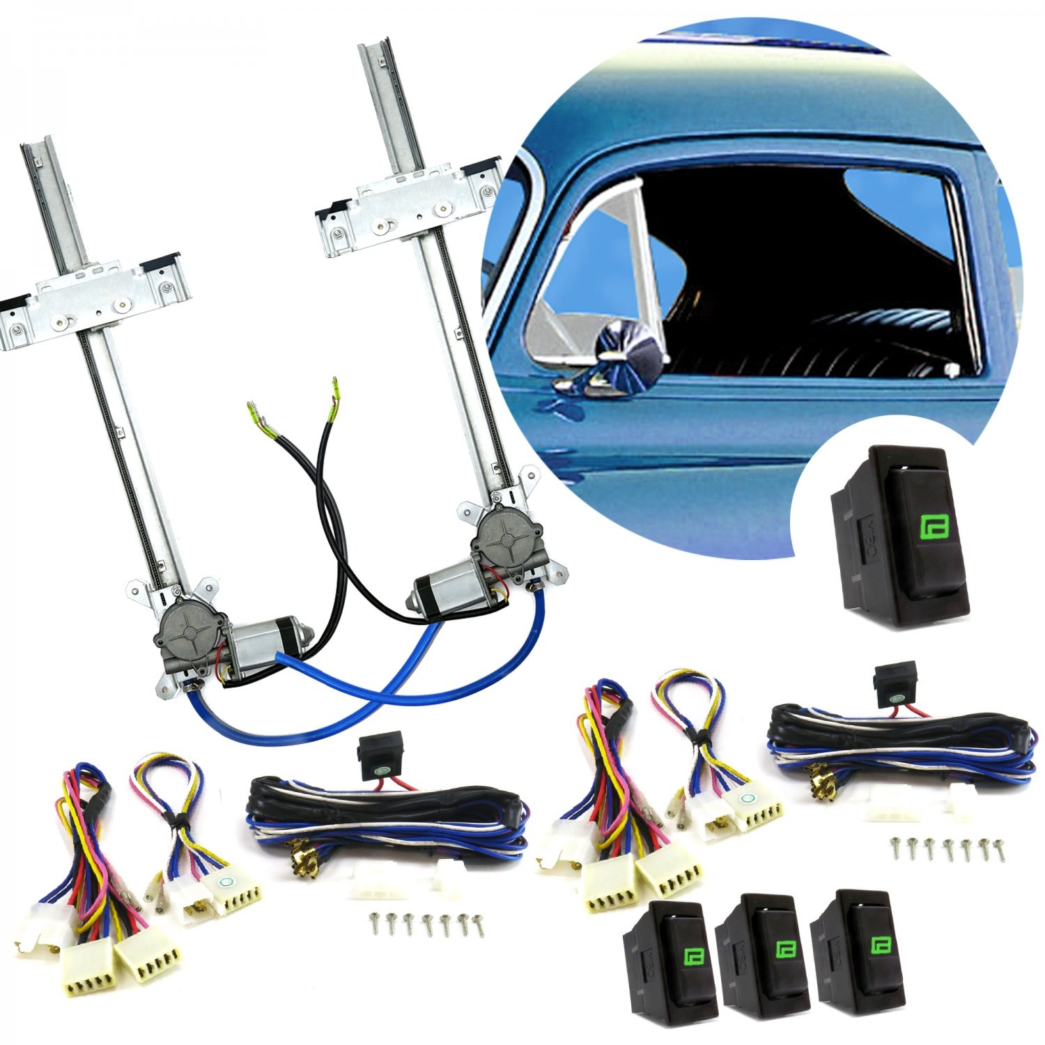  C Truck 1954-1960 Power Window Regulator Kit w/ 3 LED Switches hot rod