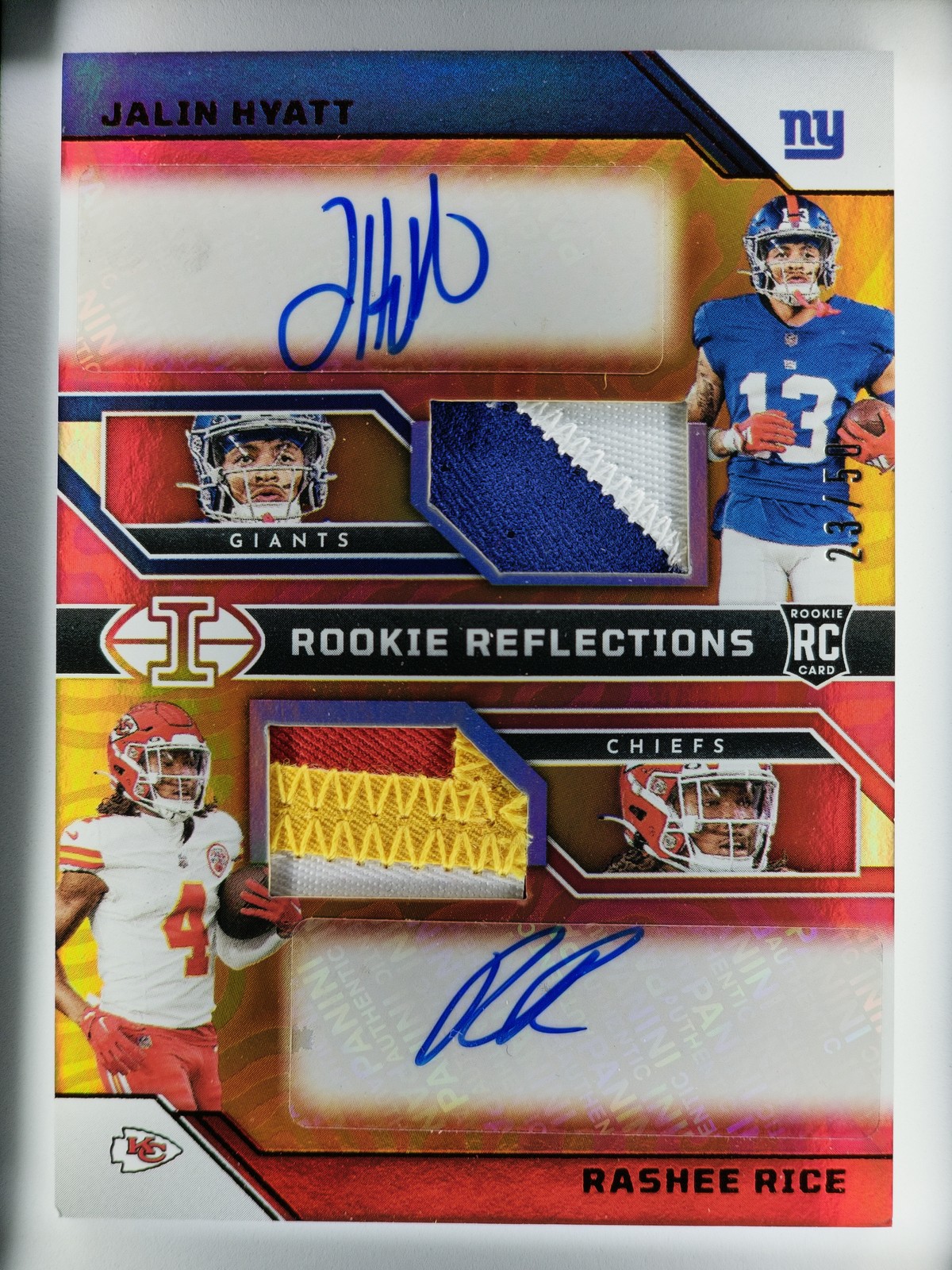 Rashee Rice Jalin Hyatt 2023 Illusions /50 Rookie Reflections Dual Patch Auto RC