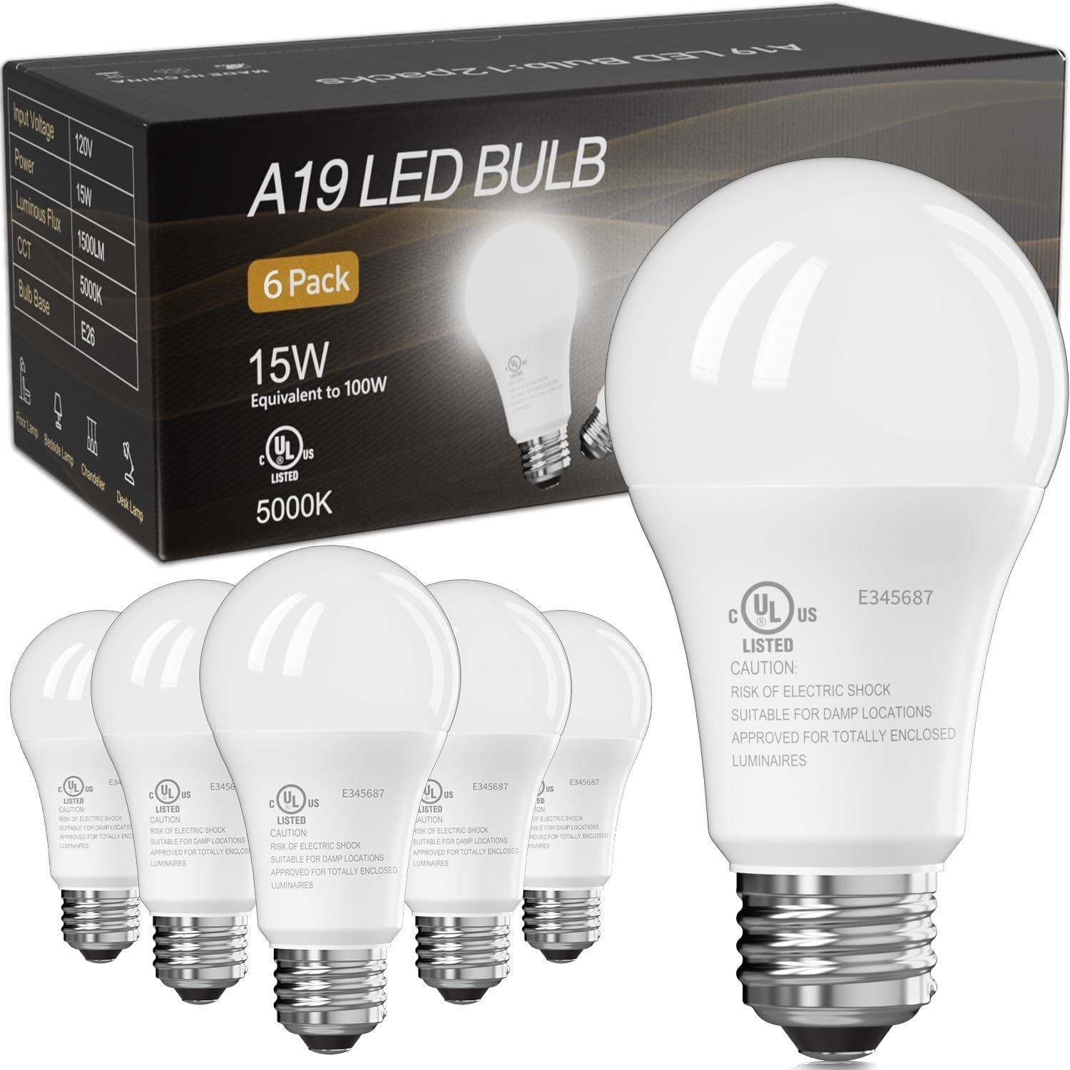 4/6/12/24 Pack A19 LED Bulbs 15W 100W Eq 5000K Daylight E26 120V 4/6/12/24 Pack A19 LED Bulbs 15W 100W Eq 5000K Daylight E26 120V