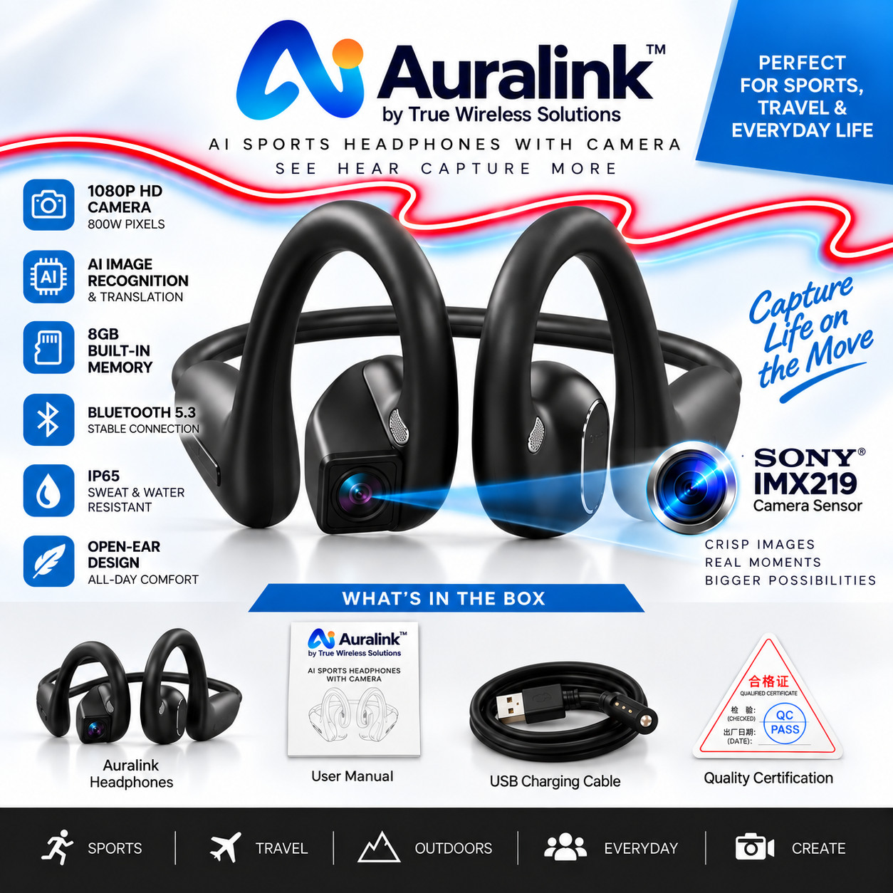 AI Smart Camera Open-Ear Bluetooth Earbuds 8MP HD Camera AI Translation Headset