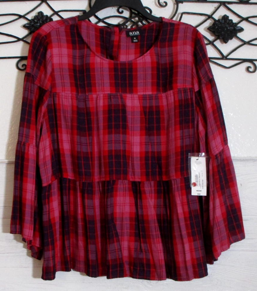 A.N.A Women\'s Top Size M Long Sleeve Multicolored Plaid Round Neck A.N.A Women\'s Top Size M Long Sleeve Multicolored Plaid Round Neck