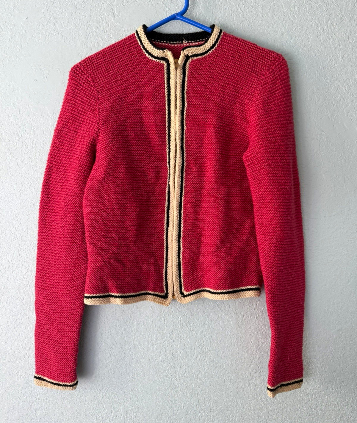 Vintage Handmade Red Wool Knit Cardigan Sweater Full Zip Crew Neck M Cream/Black