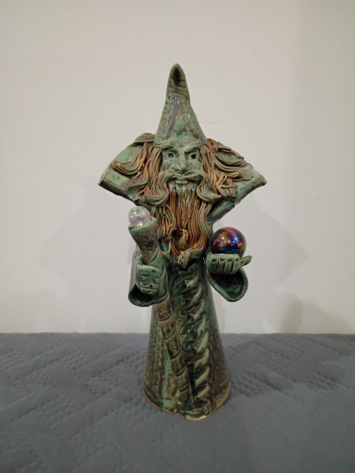 Vintage Ceramic Wizard Sorcerer Figurine with Crystal Balls & Green Glaze Vintage Ceramic Wizard Sorcerer Figurine with Crystal Balls & Green Glaze