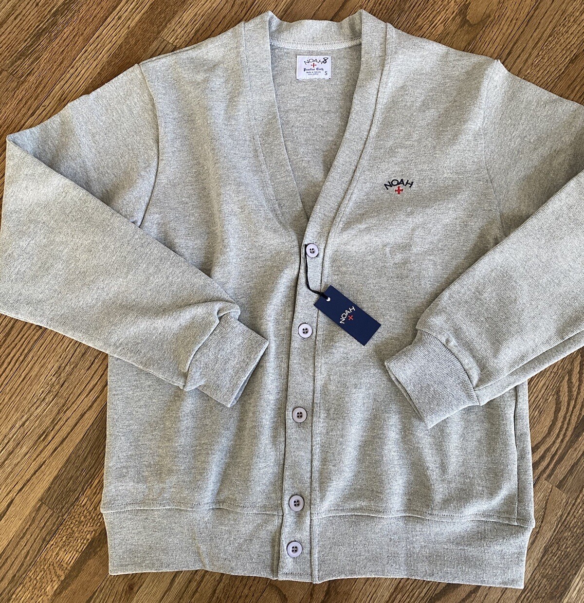 Men’s NOAH New York Rugby Logo Embroidered Cardigan 100% Cotton Gray Small NWT