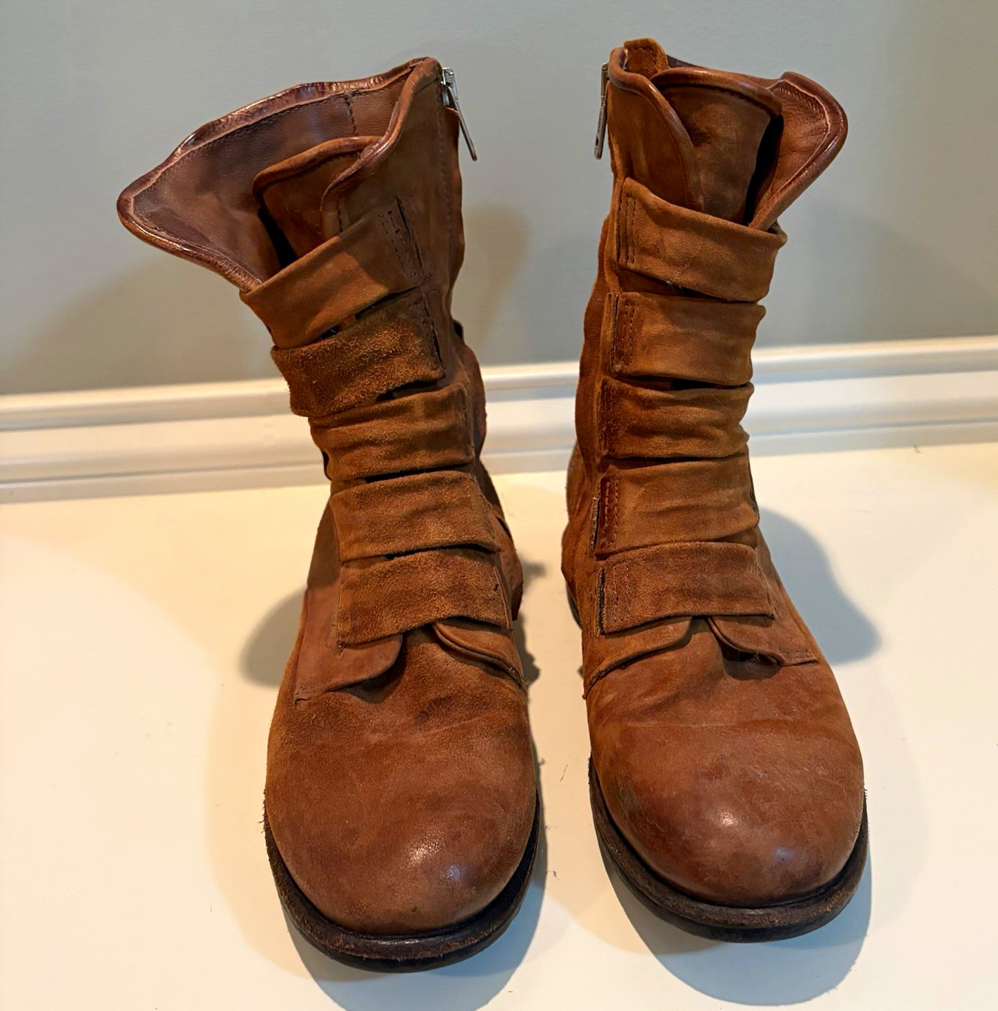 A.S.98 Brown Leather Mid-Calf Zip Bootie, US 7 M, Round Toe Rubber Sole A.S.98 Brown Leather Mid-Calf Zip Bootie, US 7 M, Round Toe Rubber Sole