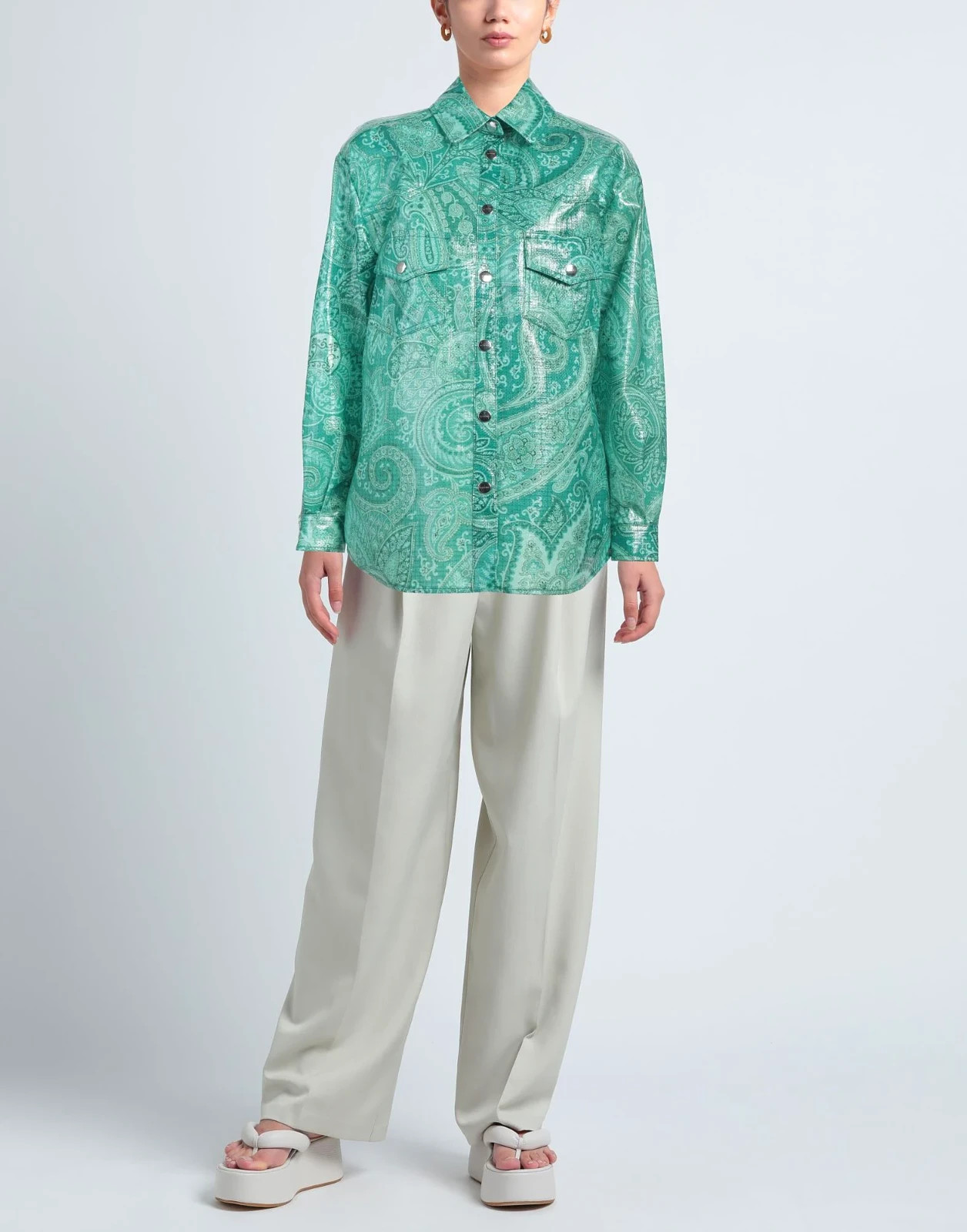 ETRO Green Paisley Coated Nylon Camicie Shirt $2,147 Size 12 (US) 46 (IT)