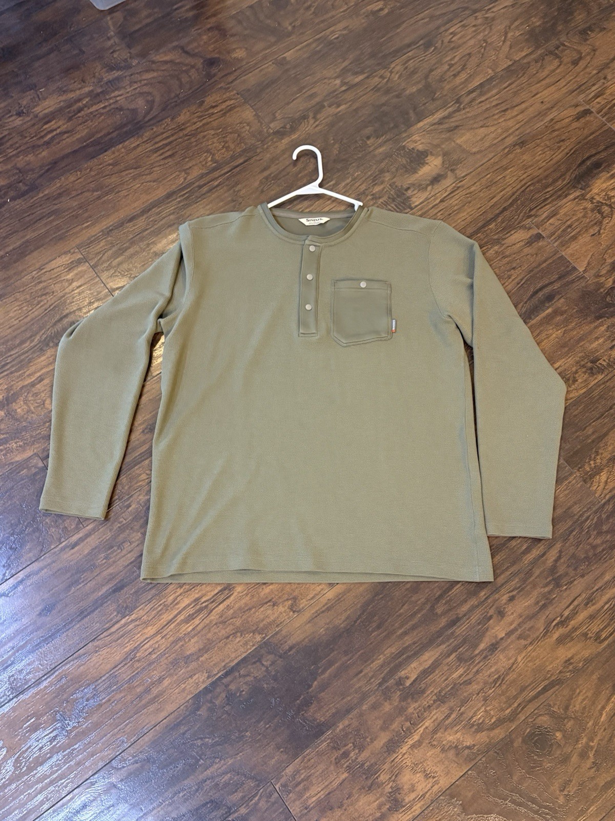 Simms Highline Henley Men’s Large Waffle Knit Green Snap Pocket Long Sleeve