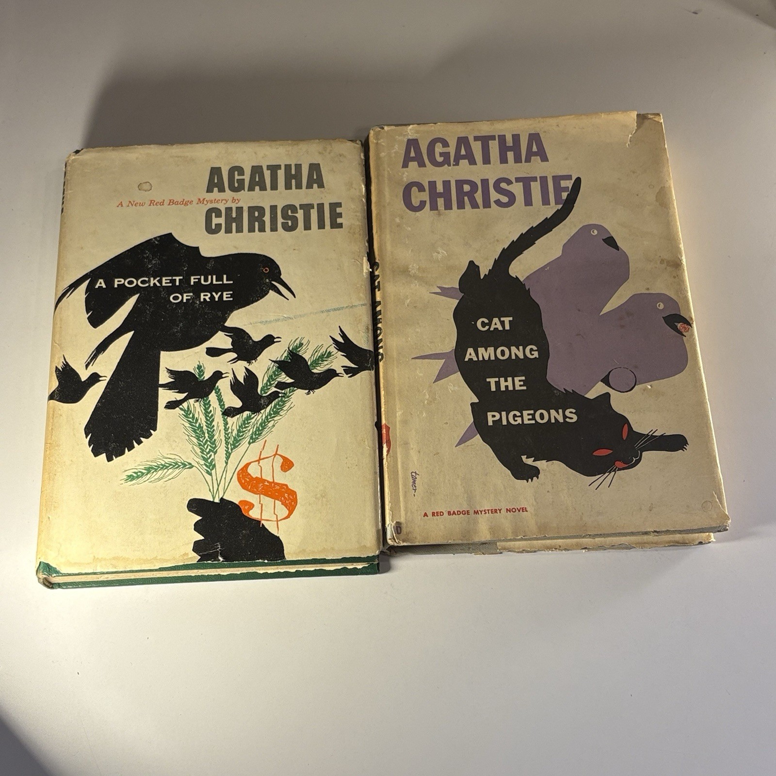 Agatha Christie 2 Book Lot Pocket Full of Rye Cat Among Pigeons Vintage HC