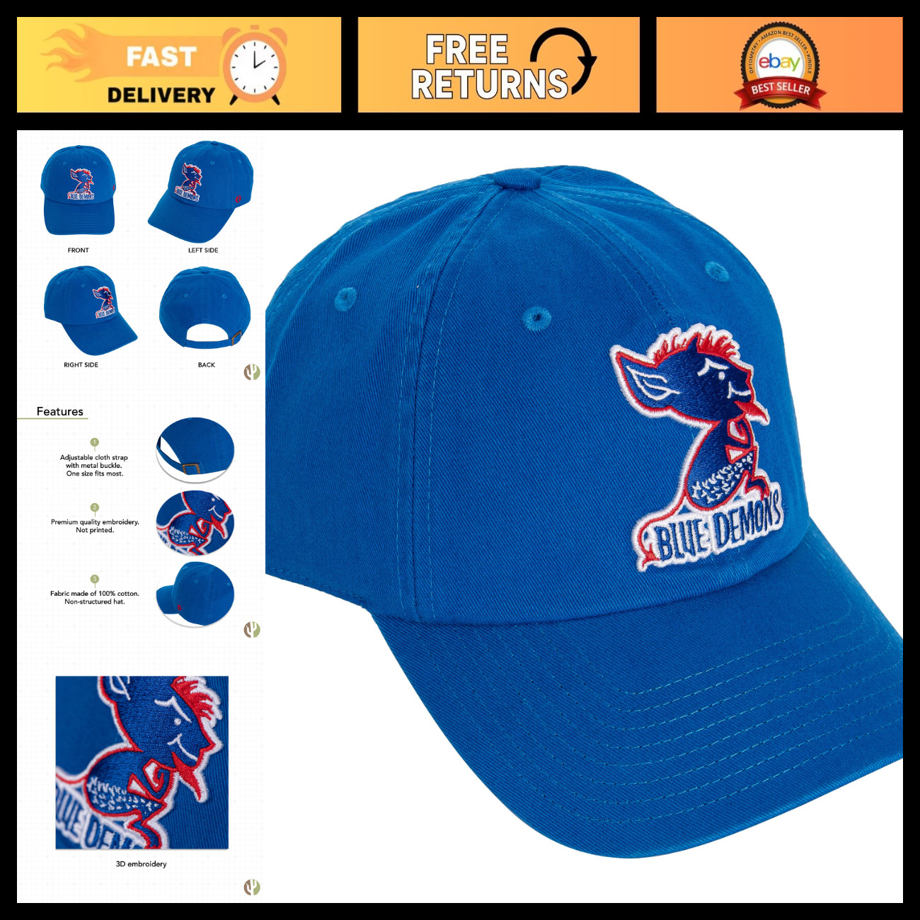 Vintage Blue Embroidered Baseball Cap - DePaul University Cactus Design Hat