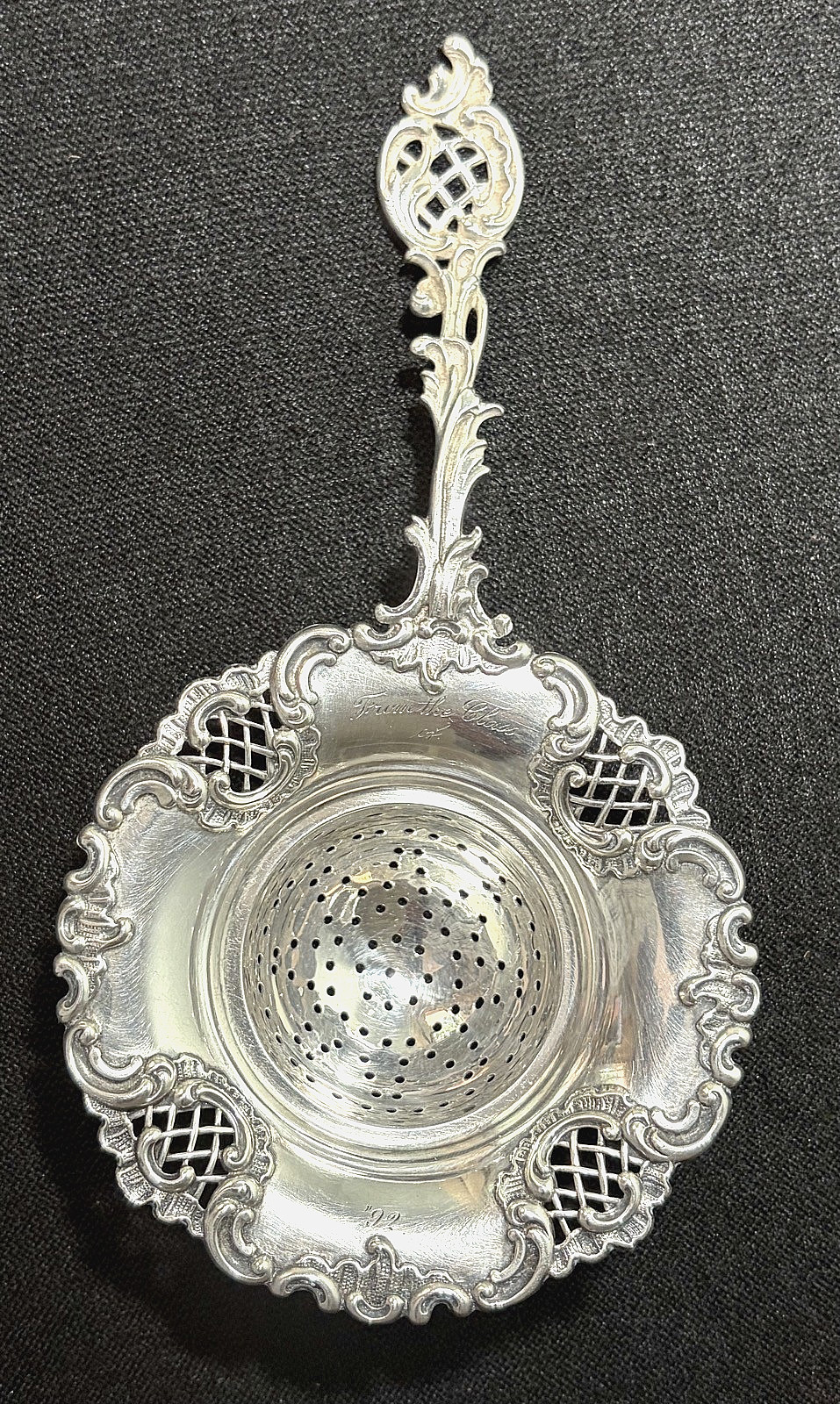Antique 1892 Bailey Banks & Biddle Sterling Silver Tea Strainer Filagree Handle