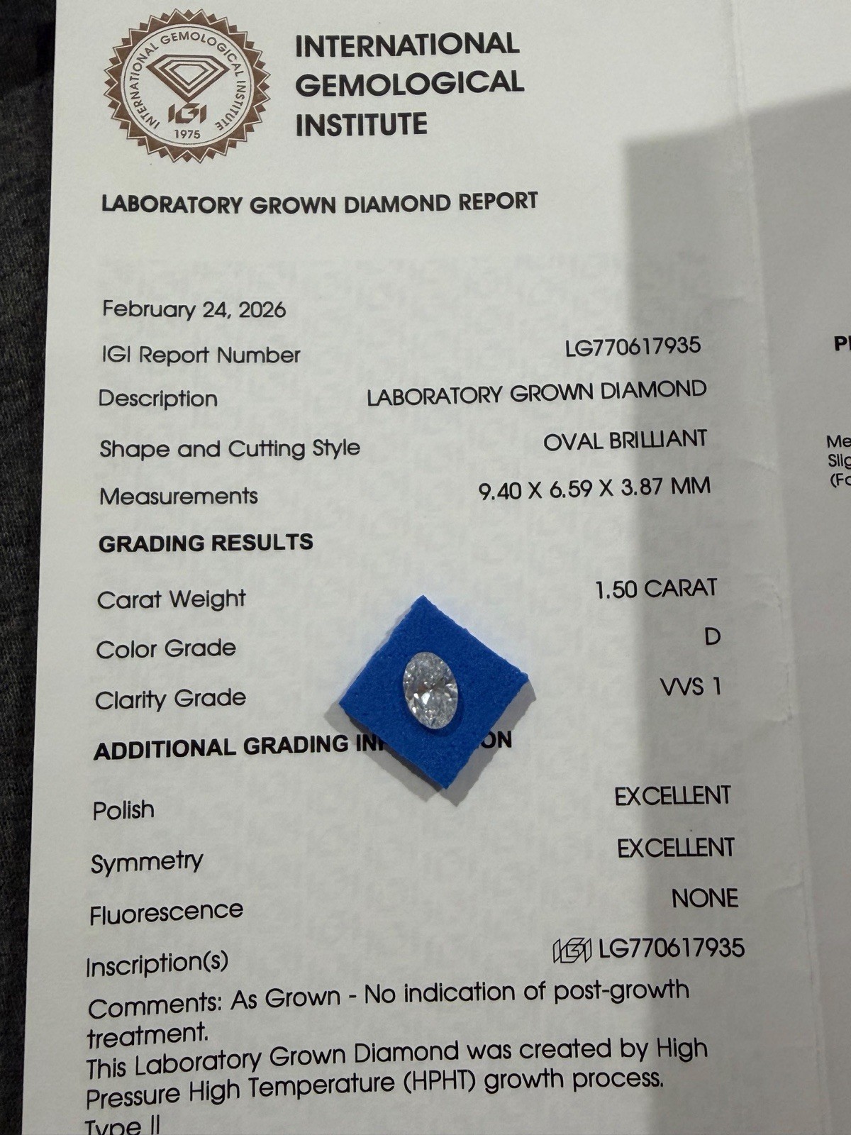 IGI Certified 1.5ct Oval Color D VVS1 Clarity Lab Grown Diamond IGI Certified 1.5ct Oval Color D VVS1 Clarity Lab Grown Diamond