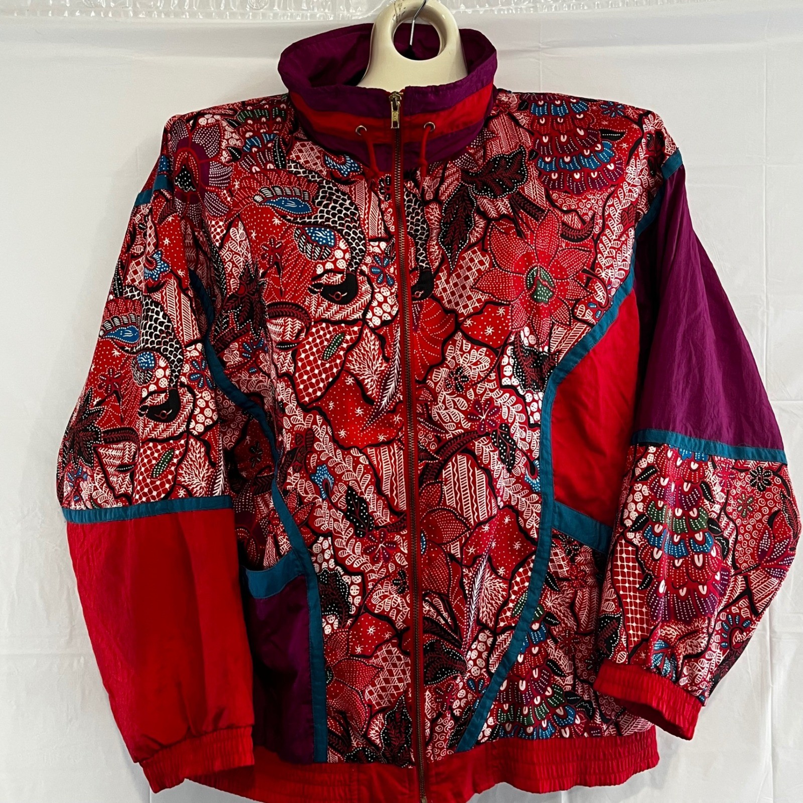Vintage Bold Spirit Tracksuit Set Red Purple Batik Floral Print Windbreaker XL