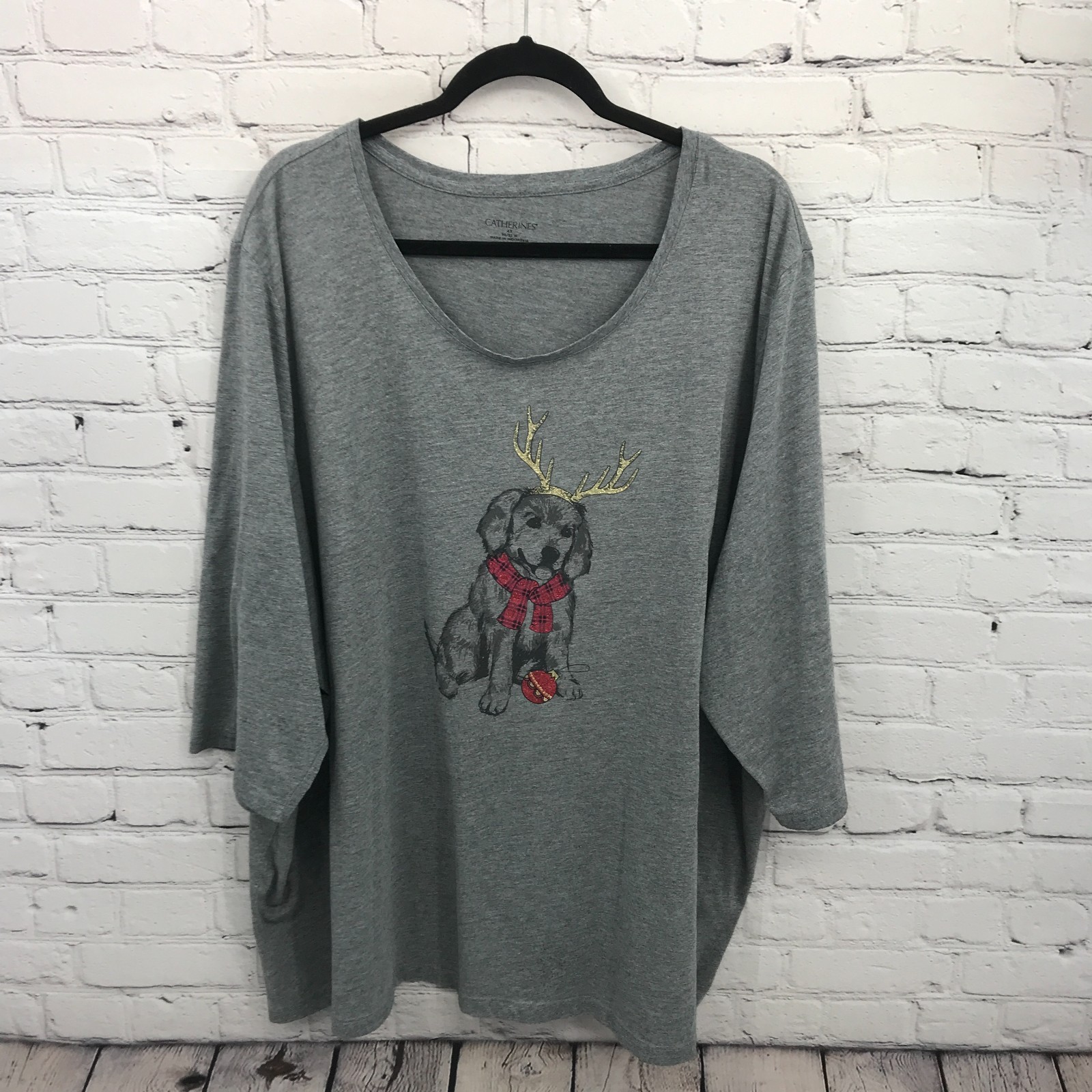 Catherines Top Womens 4X Gray Christmas Reindeer Dog Gifts Short Sleeve Blouse Catherines Top Womens 4X Gray Christmas Reindeer Dog Gifts Short Sleeve Blouse