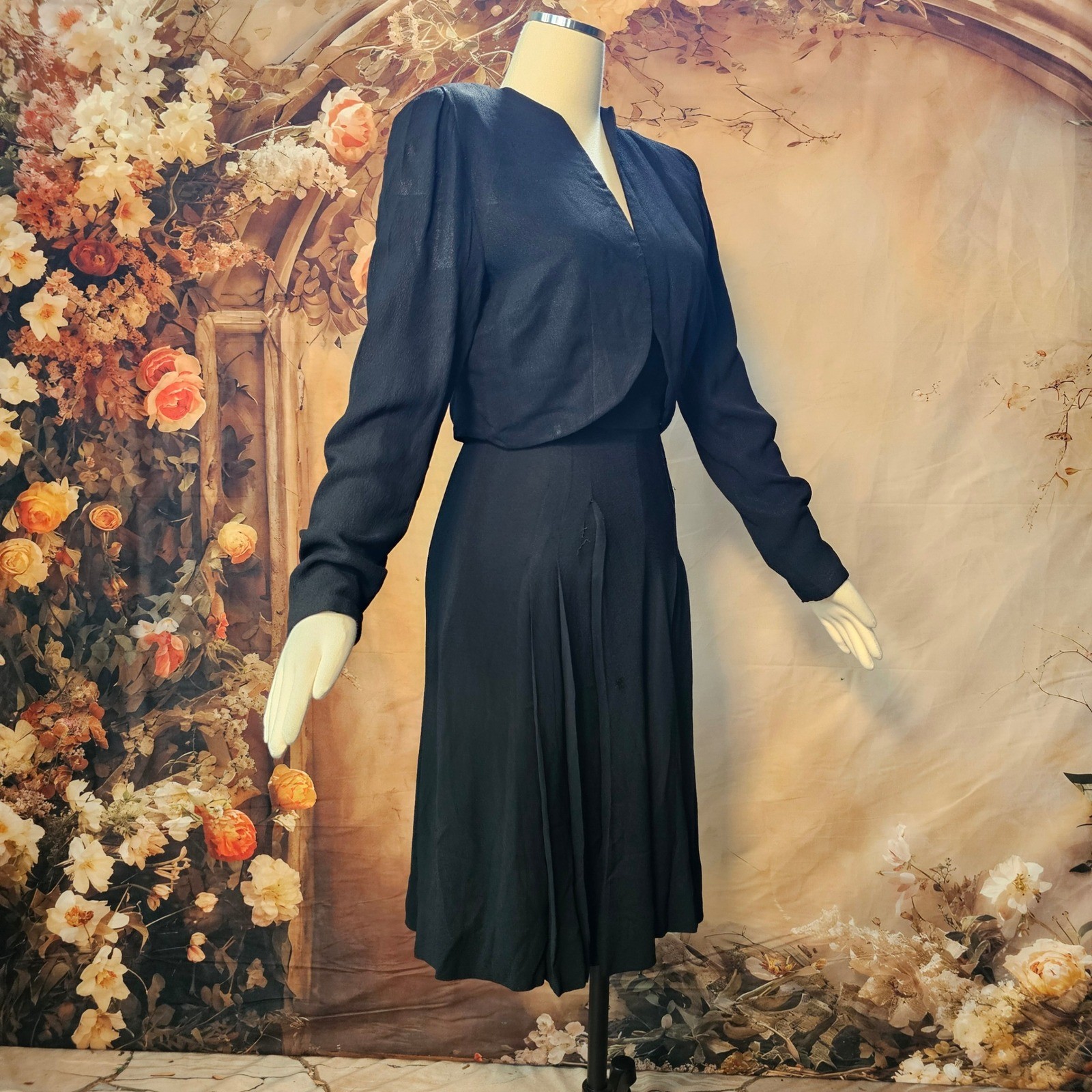 Vintage 1930s Black Crepe Dress Set Bolero Jacket Pleated Midi Pre-War Antique