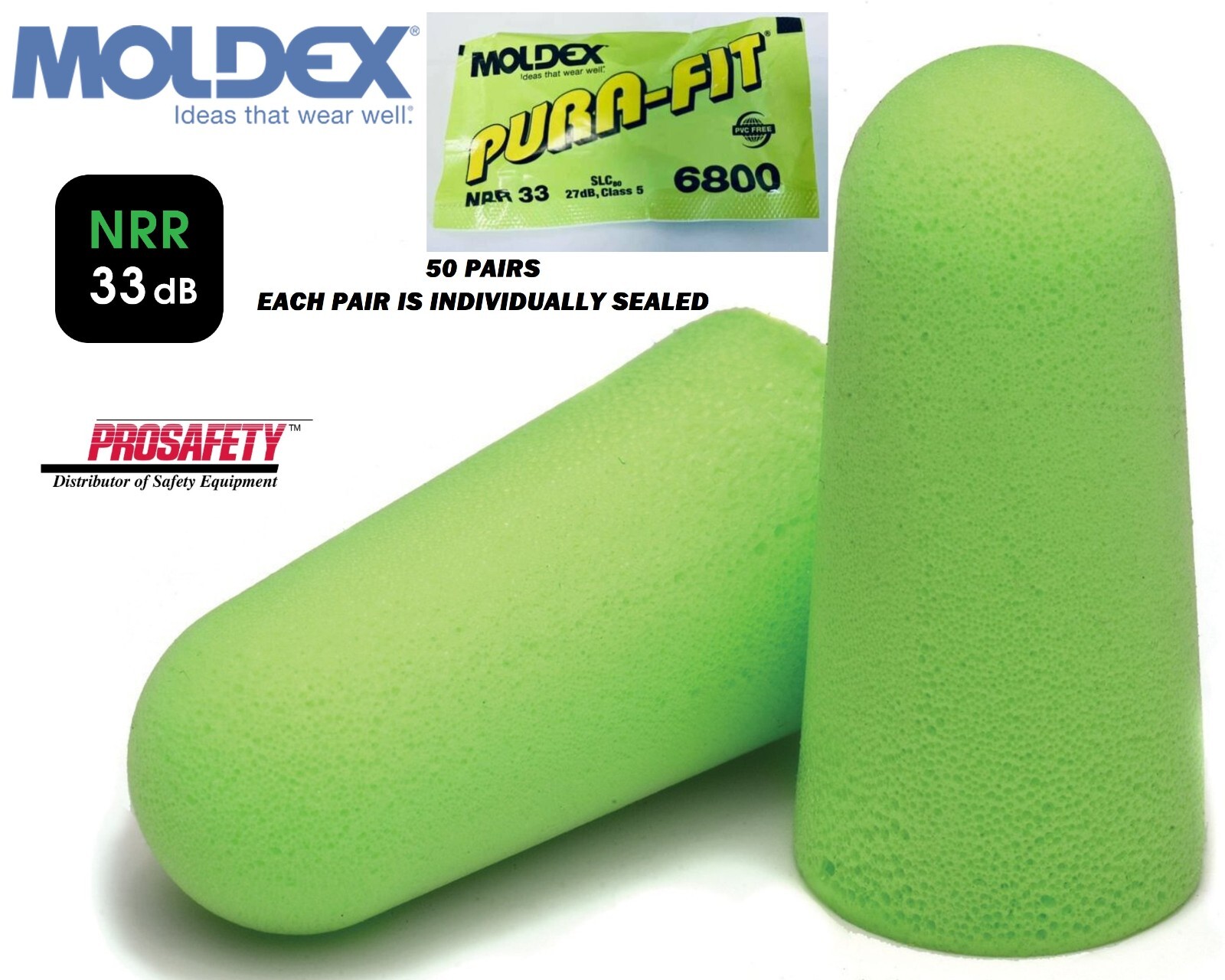 Moldex Pura Fit 6800 NRR33 UNCORDED Individually Sealed Earplugs 50 PAIR