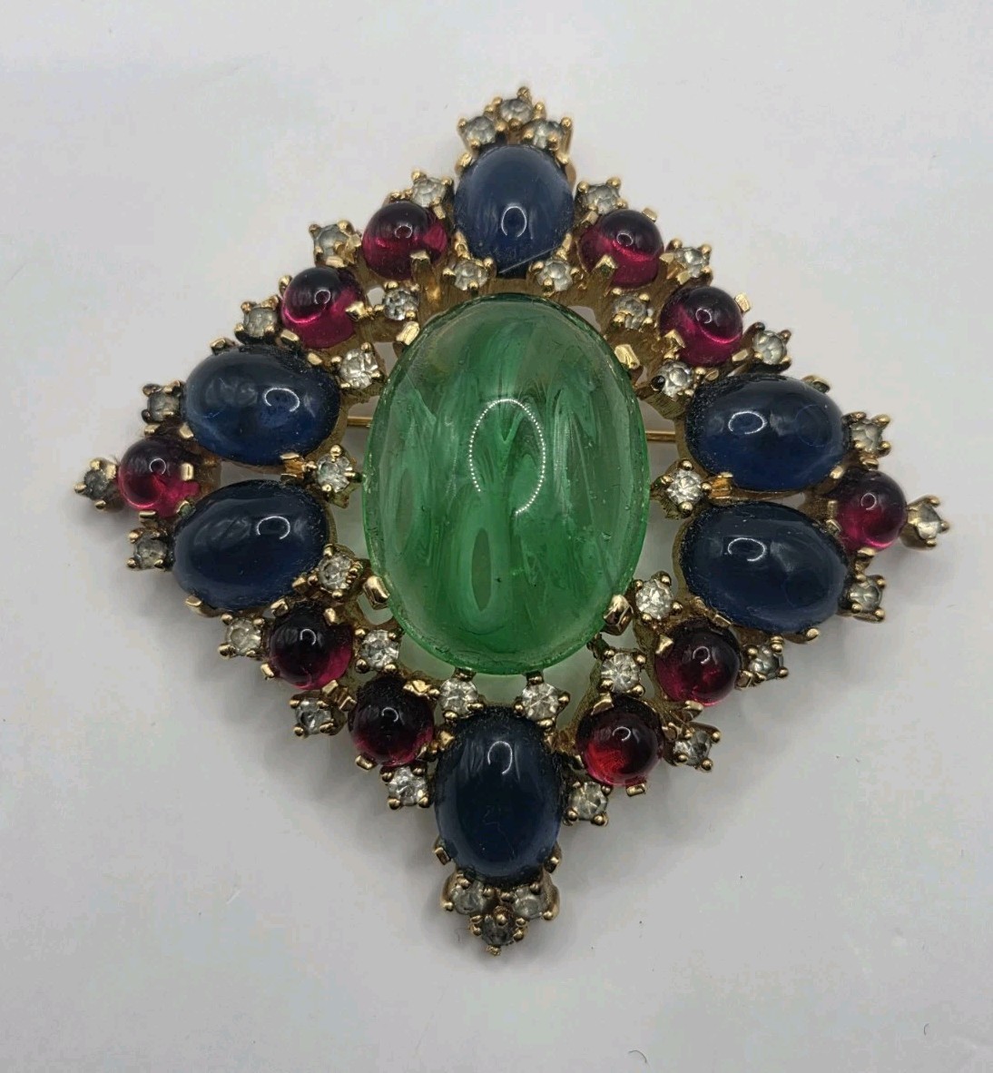 Jomaz Vintage Gold Tone Brooch Pin Faux Turquoise Jewels Poured Glass Rhinestone
