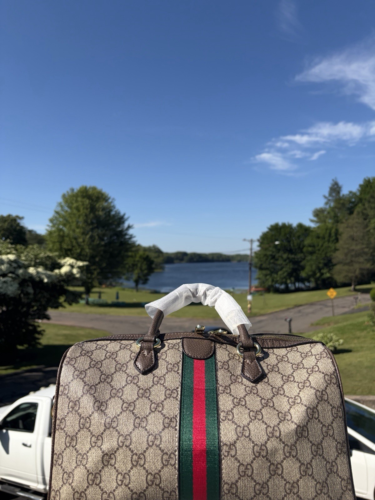 Gucci GG Monogram Web Stripe Satchel Top Handle Zip, Dust Bag/Box, Gold
