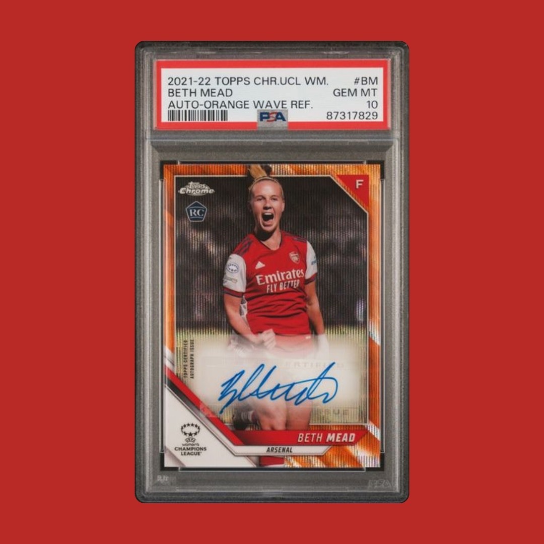 2021-22 TOPPS CHROME UCL WOMENS BETH MEAD ORANGE WAVE /25 AUTO PSA 10