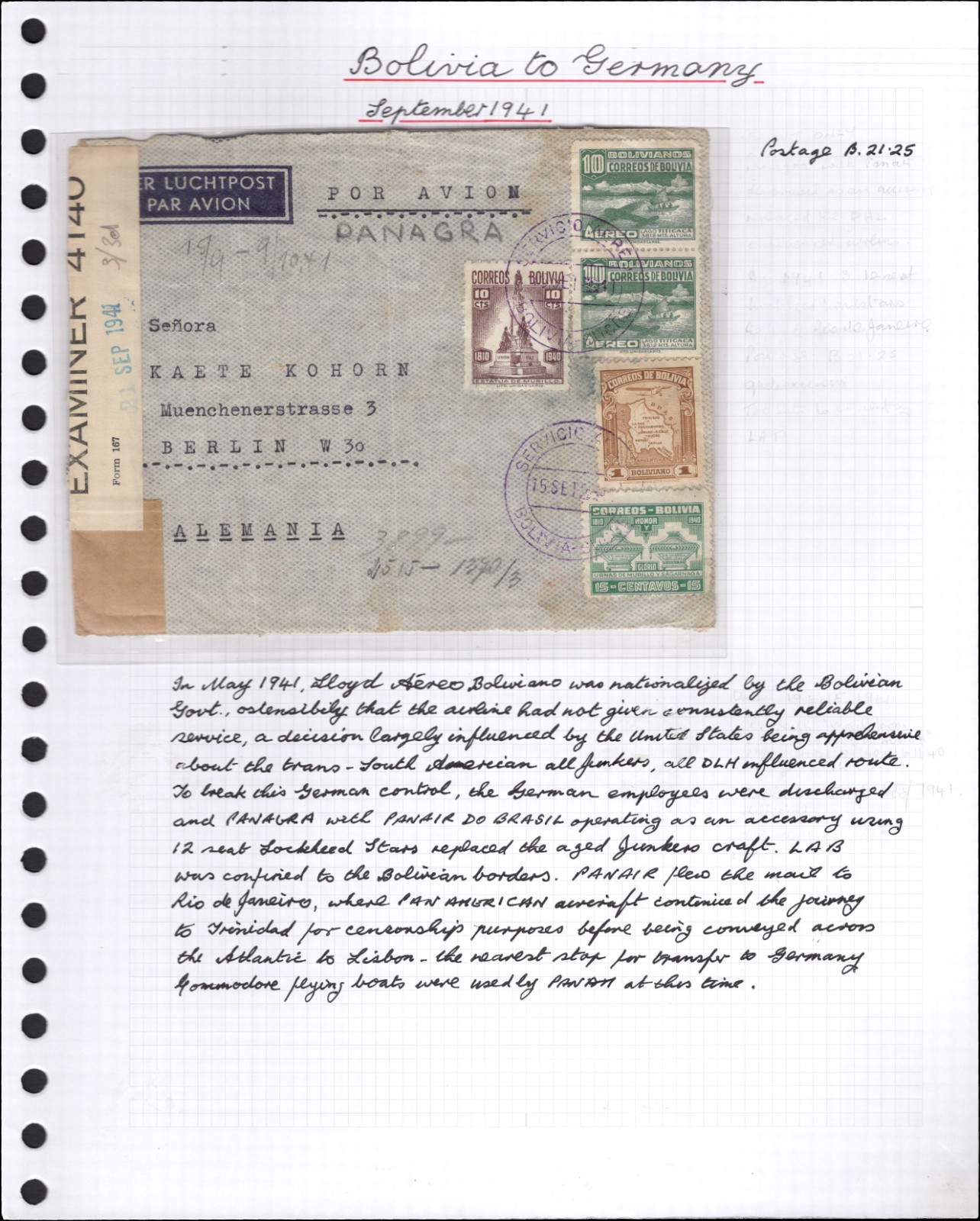 SAVOYSTAMPS BOLIVIA 1941 Cover from BOLIVIA to BERLIN Censor tape SAVOYSTAMPS BOLIVIA 1941 Cover from BOLIVIA to BERLIN Censor tape