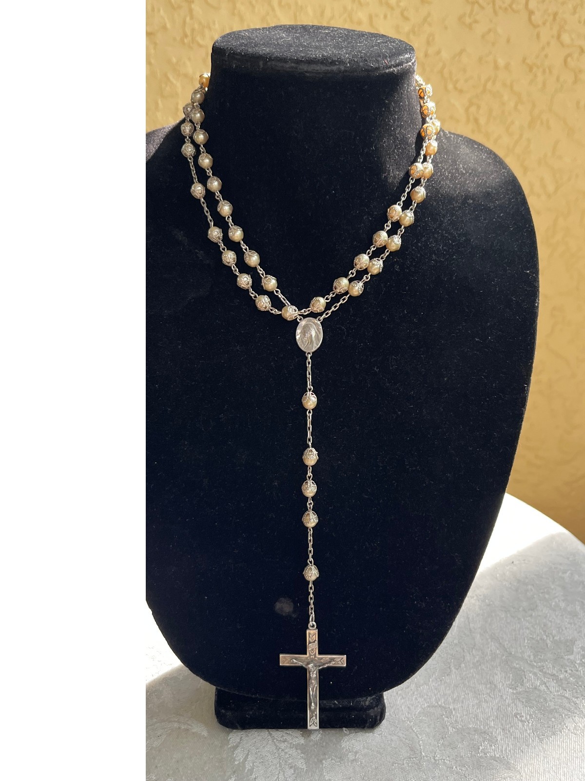Sterling Silver Rosary Leaf/flower Crucifix Pearls Ornate Filigree Caps 34 Sterling Silver Rosary Leaf/flower Crucifix Pearls Ornate Filigree Caps 34