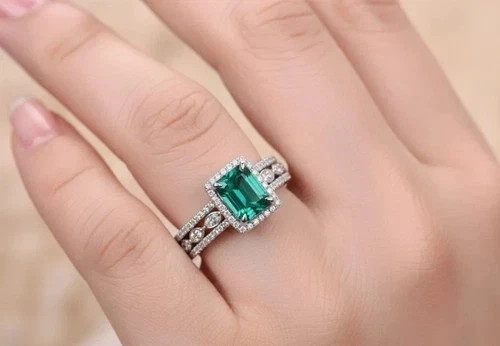 2.60 Ct Emerald Cut Natural Emerald & Diamond Wedding Ring 14K White Gold