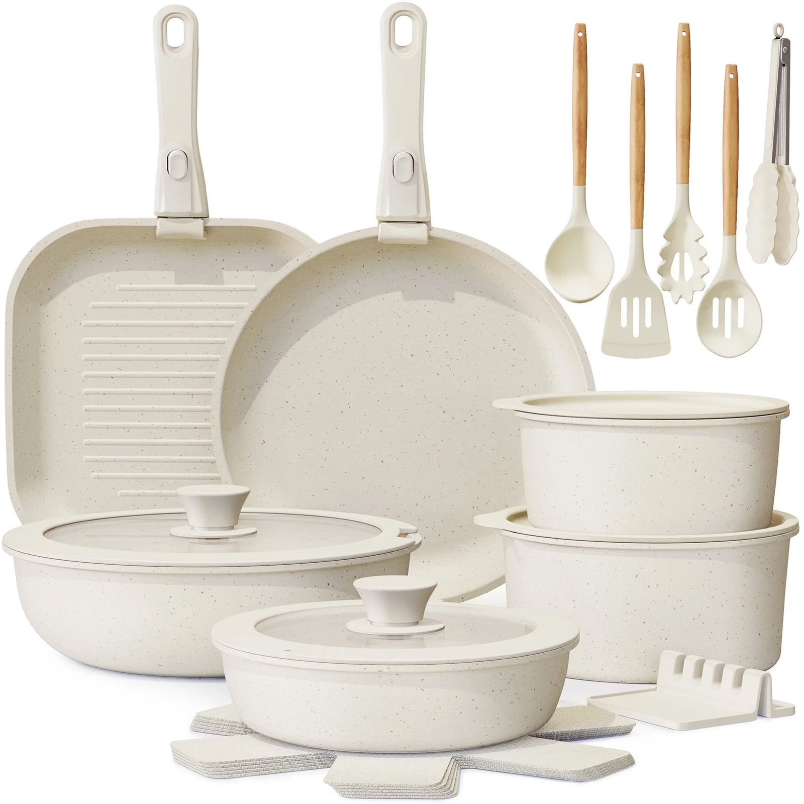 22 Piece Ceramic Non Stick Cookware Set Pots & Pans Detachable Handles Oven Safe 22 Piece Ceramic Non Stick Cookware Set Pots & Pans Detachable Handles Oven Safe