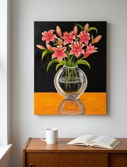 Original Hand-Painted Acrylic Floral Artwork - Pink Lilies in Glass Vase 60*50