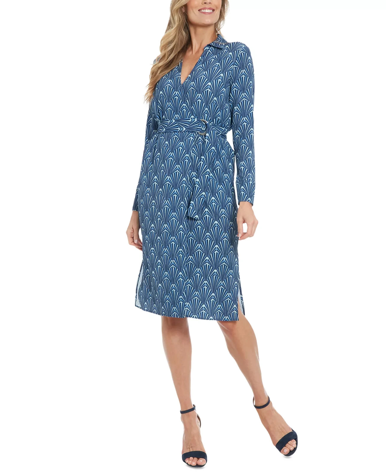 London Times Women's Faux-Wrap Collared Long-Sleeve Dress MSRP $109