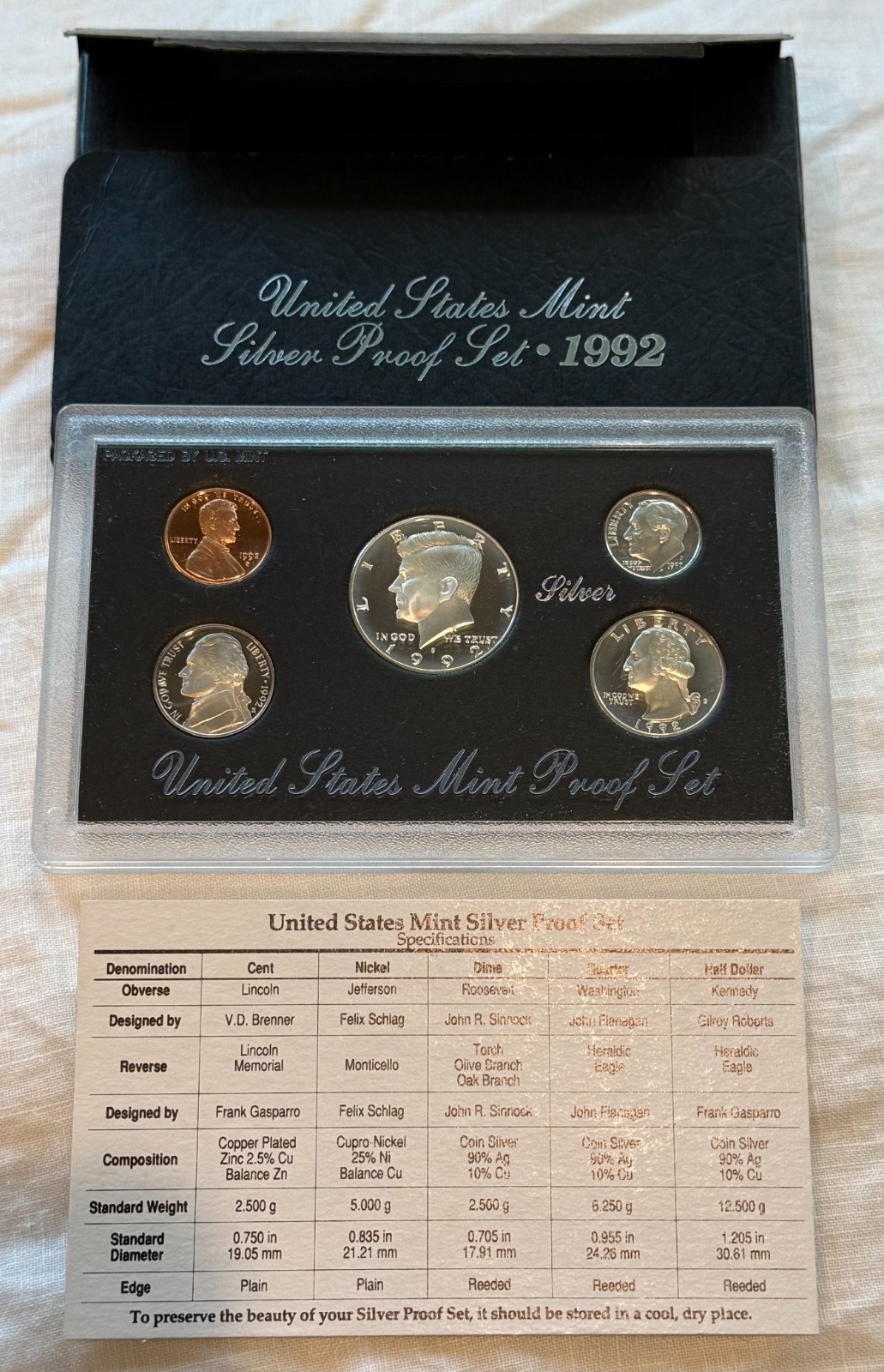 1992-S U.S. SILVER Proof 5-Coin Set ~ Black Box OGP with COA ~ 90% SILVER