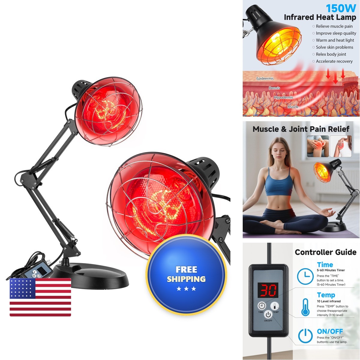 Hoakya 150W Infrared Red Light Therapy Lamp Timer Adjustable Base