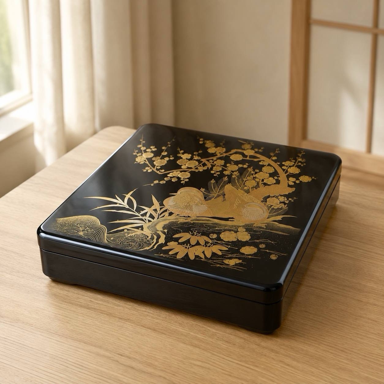 Vintage Japanese Black Lacquer Suzuribako Box Gold Maki-e Mandarin Ducks Plum