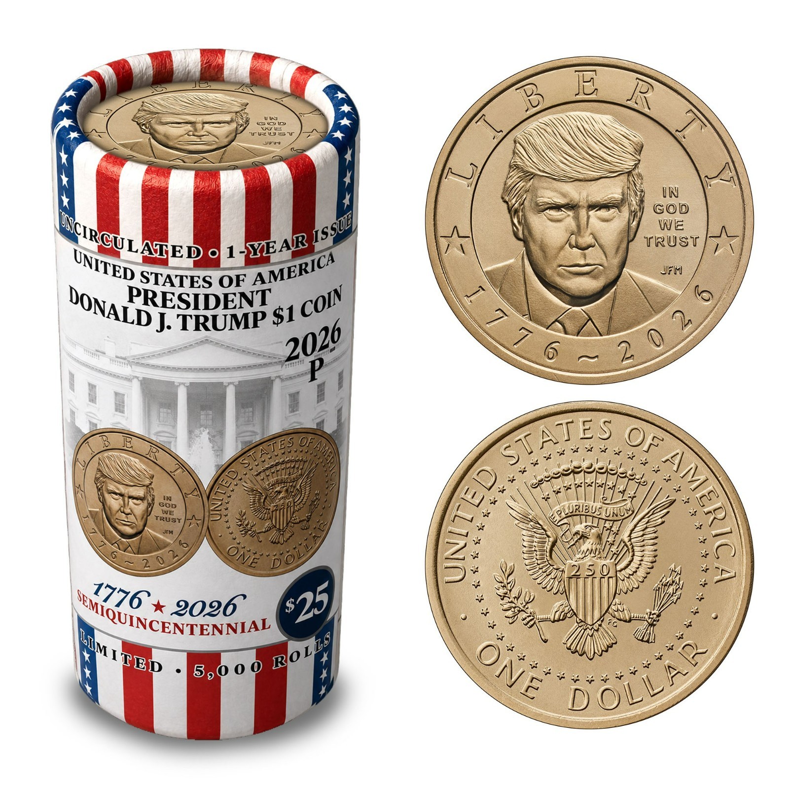 2026 Donald J. Trump $1 Coin Roll CLASSIC VERTICAL DESIGN Limited to 5,000 Rolls