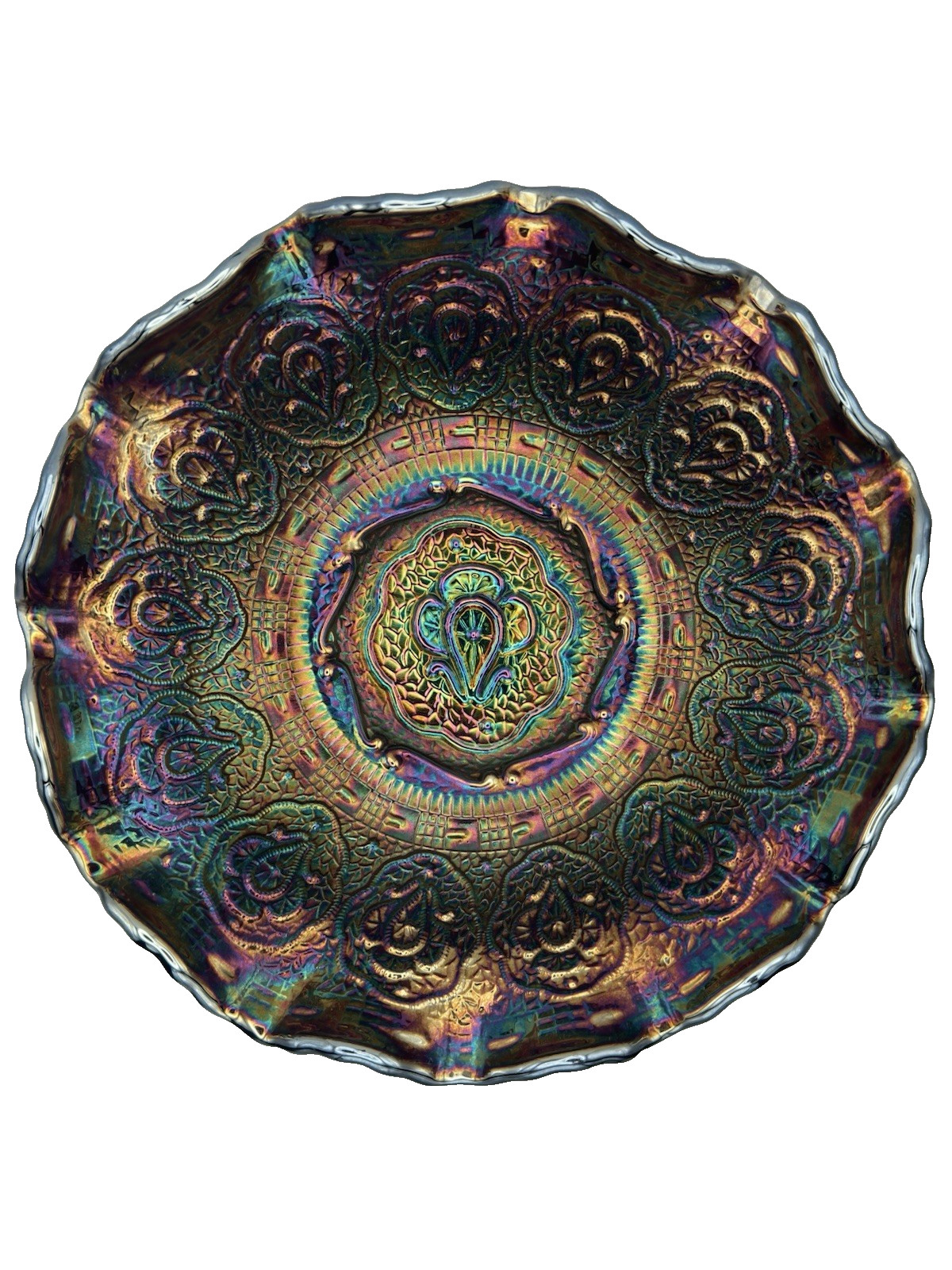 Vintage Fenton Persian Medallion Amethyst Carnival Glass Ruffled Bowl