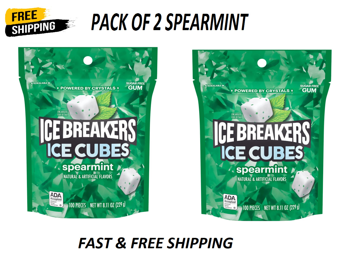 (Pack of 2) Ice Breakers Ice Cubes Spearmint Sugar Free Gum 8.11 oz 2x 100 pcs
