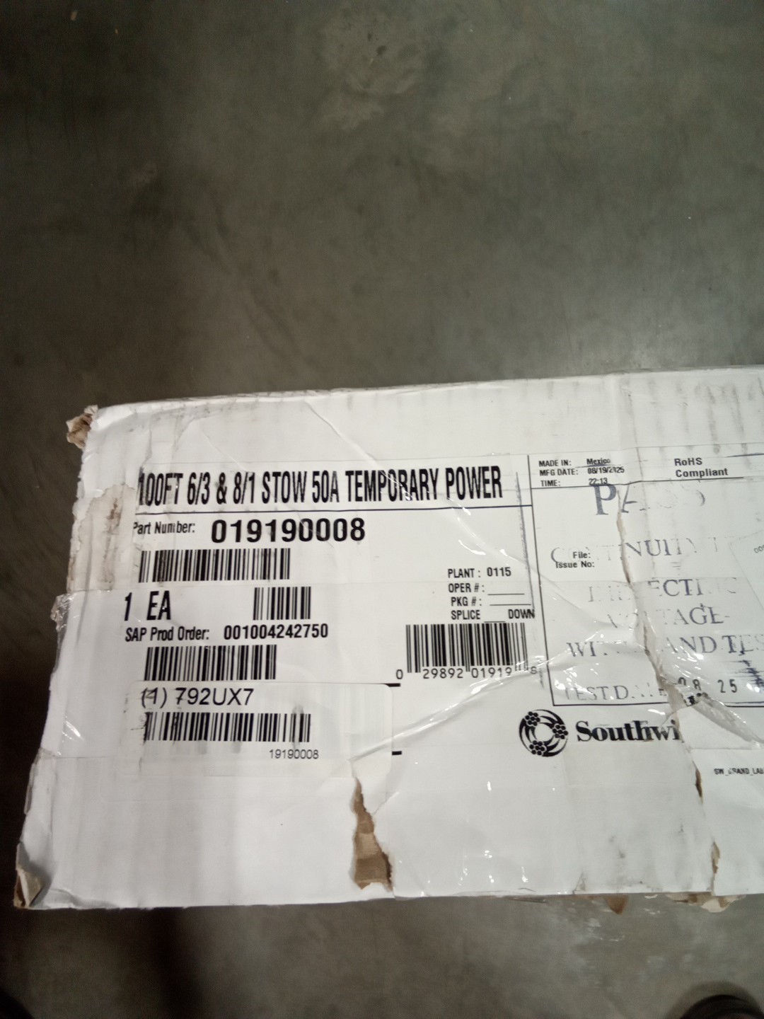 SOUTHWIRE 19190008 Power Supply Cord,100ft,Black,NEMA 1 792UX7