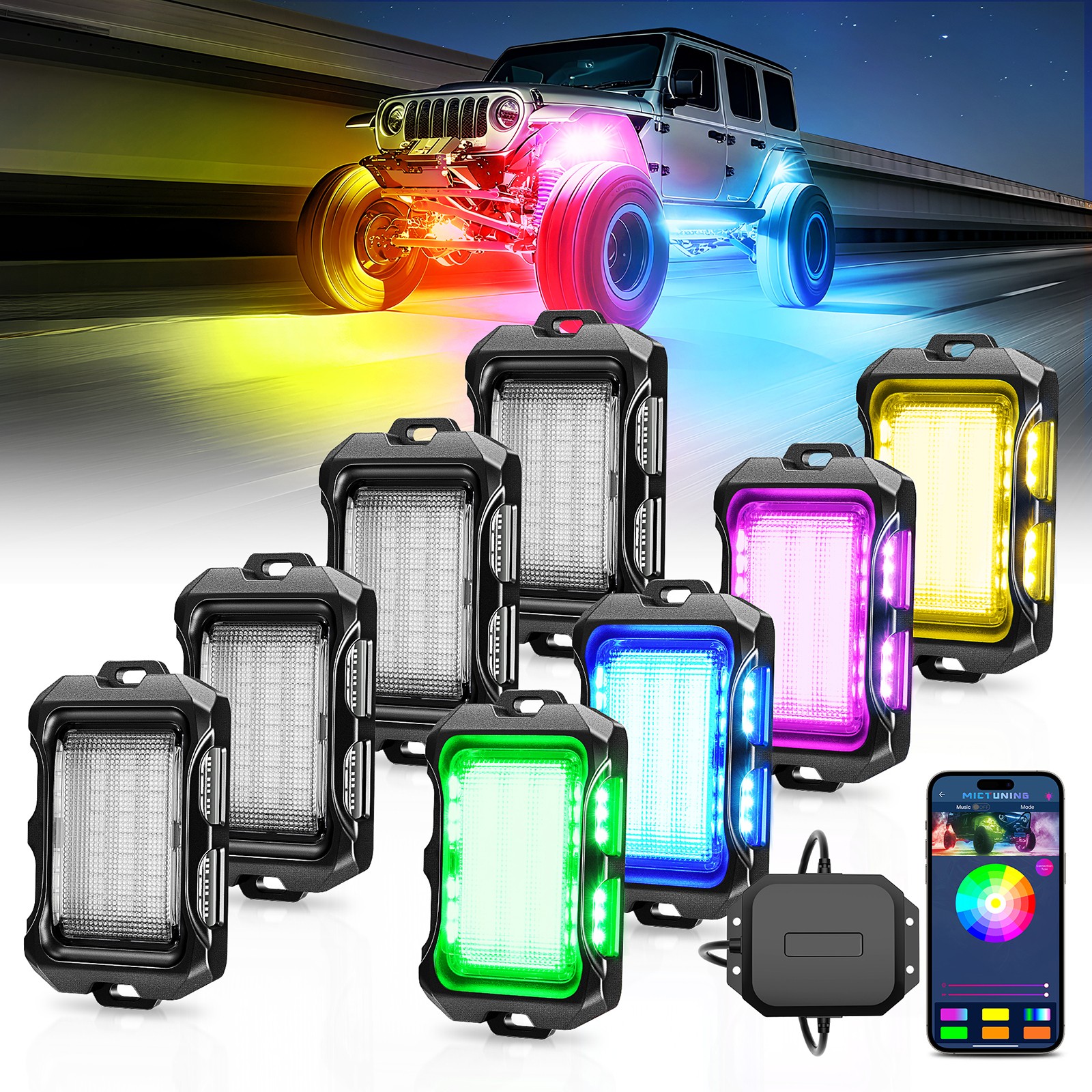 MICTUNING Q2 RGB-IC Rock Lights,8-16 Pod Chasing Ultra-Bright Underglow Neon Kit